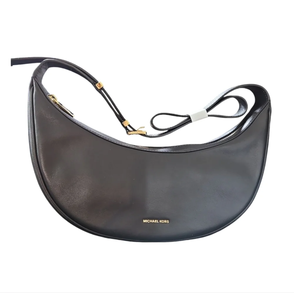 Michael Kors Avra Medium Black Leather Crescent Crossbody Shoulder  Bag